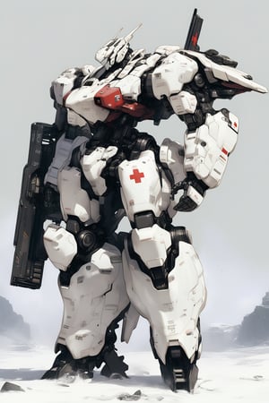 robot, rough, no humans, science fiction, simple background, solo, standing, full body, looking ahead, masterpiece, best quality,white mech, white paint, red cross, free hands,armored core,slim design