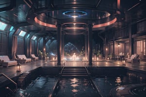 Create a digital illustration featuring a luxurious and desserted onsen of futuristic style, with a hologram projector that has the shape of a large tube in a corner, with black walls and no windows.