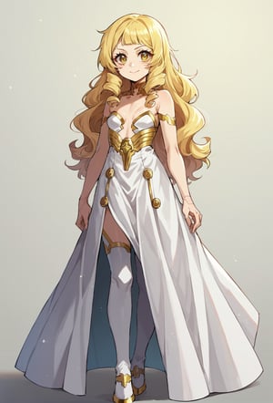 score_9, score_8_up, score_7_up, score_6_up, Takeda hiramitsu style,cyberpunk style,1girl,young female,young adult, very young,blonde hair, curly hair,regal, relaxed shoulders,white clothes, ethereal glow,solo, gold dress, white armored stockings, golden high heels, cleavage, indoor, open eyes, long hair,small breasts, side boobs, gentle smile,cowboy shot,gold eyes, bionic eyes