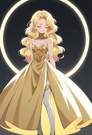 score_9, score_8_up, score_7_up, score_6_up, Takeda hiramitsu style,cyberpunk style,1girl,young female,young adult, very young,blonde hair, curly hair,regal, relaxed shoulders,white clothes, ethereal glow,solo, gold dress, white armored stockings, golden high heels, cleavage, indoor, closed eyes, long hair,small breasts, side boobs, gentle smile, standi