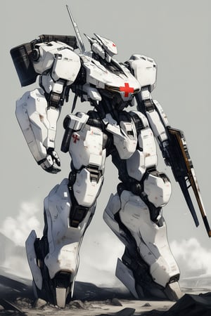 robot, rough, no humans, science fiction, simple background, solo, standing, full body, looking ahead, damaged, masterpiece, best quality,white mech, white paint, red cross