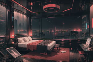 Create a digital illustration of a large luxury hotel room that is prim and proper, of a clean cyberpunk style with black walls and roof, with hologram projector that has the shape of a large tube in a corner and a big bed, with bright red lights and a gorgeous view of a cyberpunk city during the night. 