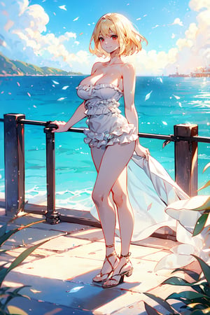 1 girl, blonde hair, short hair, red eyes, smile, fullbody, robe, white bath robe, large breasts, big breasts, very big breasts, natural big breasts, black lock of hair,rom_1,strapless white ruffled romper, (masterpiece), (best quality), skindentation, beach scenery