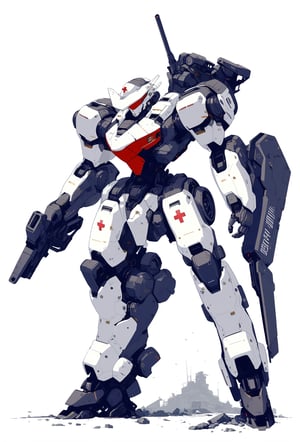 score_9, score_8_up, score_7_up, source_anime, hi res, masterpiece, best quality, highres, anime style,METANOIA_PS, mecha, white mecha, white paint,cyberpunk style, machine, white painting, red cross,armored core,mecha visor, mecha head,simple background,robot,full body,looking ahead, damaged,standing,slim design, free hands, shield,symmetrical head