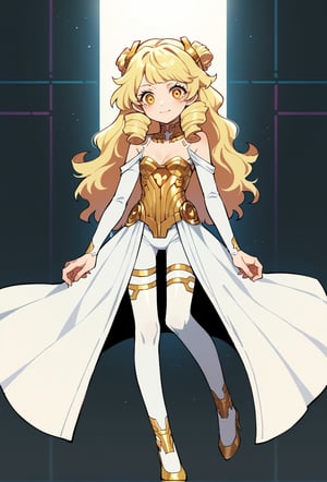 score_9, score_8_up, score_7_up, score_6_up, Takeda hiramitsu style,cyberpunk style,1girl,young female,young adult, very young,blonde hair, curly hair,regal, relaxed shoulders,white clothes, ethereal glow,solo, gold dress, white armored stockings, golden high heels, cleavage, indoor, open eyes, gold cybernetic eyes, long hair,small breasts, side boobs, gentle smile, standi