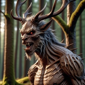 Portrait 8k close-up Wendigo, Half Demon Beast, highly detailed dramatic lighting, forest in the background, ultra-realistic,<lora:659095807385103906:1.0>
