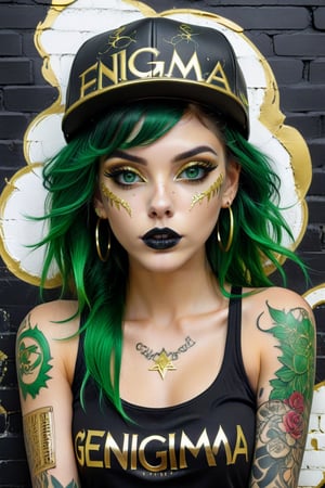 Yerlim12k ultra HD. a very beautiful and realistic girl, with green eyes, with tattoos, wearing a black top with a gold top with the text "ENIGMA" "GURU" with a green cap, extravagant colored hair, with black and gold lipstick. Cracked white wall with golden cracked background, illustration, photo