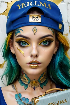 Yerlim12k ultra HD. a very beautiful and realistic girl, with green eyes, with tattoos, wearing a blue top with gold top with the text "ENIGMA" "GURU" with yellow cap, extravagant colored hair, with black and gold makeup case. Cracked white wall with golden cracked background, illustration, photo