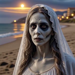 8k close-up portrait, La Llorona, Ghost who roams waterfront areas, highly detailed dramatic lighting, beach in the background, ultra-realistic,<lora:659095807385103906:1.0>