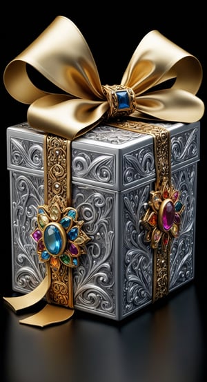 A photograph of a silver gift box, studded with precious stones, with a large golden bow, front, foreground, with ultra-realistic details. The composition mimics a cinematic film, The intricate details, sharp focus, realistic,SDXL,ModelBase,Style,MelissaB,photo r3al, 16k,Enhanced All,wetshirt,photo_b00ster,LinkGirl,DonMSn0wM4g1cXL, light,GARTERBELT,secret,lotus tattoo,3d cartoon style,real_booster,black background