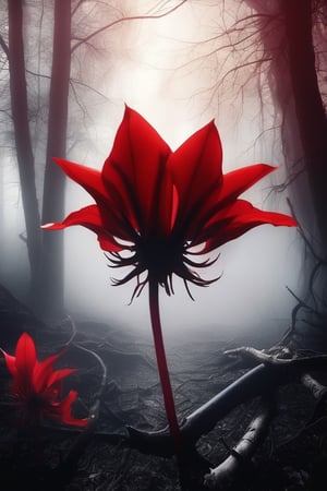 In the depths of darkness, a eerie red flower blooms, its petals glowing with an otherworldly light. Its twisted and jagged petals seem to dance with an unseen wind, casting an ominous glow that illuminates the shadows around it. This mysterious flower, found in the heart of a forbidding forest, is both captivating and unsettling to behold. It exudes an aura of enchantment and danger, as if holding secrets of ancient magic within its crimson petals.