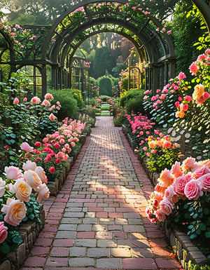 A serene morning sunlight illuminates a lush rose garden, showcasing vibrant blooms in shades of velvety red, soft pink, and sunshine yellow. Delicate petals unfurl amidst emerald green foliage, arranged artfully along winding stone pathways and rustic trellises. The gentle rustle of leaves fills the air as a subtle breeze whispers through the garden's tranquil atmosphere.