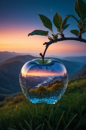 ((a delicate big apple) ), made of diamond hung on branch in a beautiful dawn, in the background beautiful valleys, (Dew drops) , divine iridescent glowing, opalescent textures, volumetric light, ethereal, sparkling, light inside body, bioluminescence, studio photo, highly detailed, sharp focus, photorealism, 8k, best quality, ultra detail:1. 5, hyper detail, hdr, hyper detail, ((universe of stars inside the apple) )