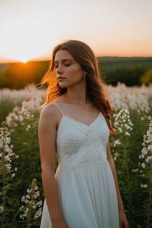 A young girl, dressed in a flowy white dress, stands in a field of wildflowers. Her face is illuminated by the warm, golden light of the setting sun, casting a soft glow on her delicate features. With a peaceful expression, she gazes off into the distance, lost in thought. The digital camera used to capture this moment is a Canon Rebel T7i, positioned at a low angle to capture the beauty of the flowers surrounding her. The gentle breeze rustles her hair as the clear blue sky and distant mountains create a serene backdrop.