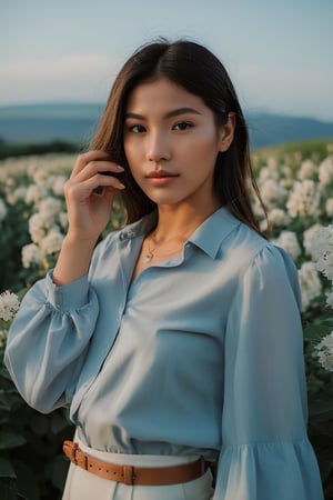 The digital camera used for this photo is a Nikon D850, capturing the girl's face with a mix of surprise and joy. She strikes a confident pose in a stylish outfit, standing under the soft afternoon light. The background showcases a beautiful landscape with blooming flowers and clear blue skies, enhancing the overall mood of the image. The weather is warm and pleasant, adding a touch of serenity to the scene.