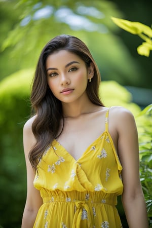 The girl, with a serene expression, poses gracefully in a vibrant yellow sundress. The digital camera, a Nikon D750, captures her delicate features in soft lighting from a low angle, highlighting her natural beauty. The background reveals a lush green garden with colorful flowers blooming under the clear blue sky. The gentle breeze ruffles her hair as she gazes off into the distance, lost in thought. The overall mood of the photo is peaceful and dreamy, evoking a sense of tranquility and beauty in nature.