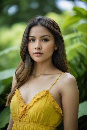 The girl, with a serene expression, poses gracefully in a vibrant yellow sundress. The digital camera, a Nikon D750, captures her delicate features in soft lighting from a low angle, highlighting her natural beauty. The background reveals a lush green garden with colorful flowers blooming under the clear blue sky. The gentle breeze ruffles her hair as she gazes off into the distance, lost in thought. The overall mood of the photo is peaceful and dreamy, evoking a sense of tranquility and beauty in nature.