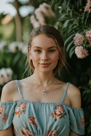 The digital camera used for this photo is a Canon EOS Rebel T7i, capturing the image from a high angle. The photo shows a young woman with a full bust, wearing a floral dress, smiling brightly with a hint of shyness. The lighting accentuates her features, casting a soft glow on her face. In the background, a lush garden with colorful flowers and a clear blue sky can be seen, enhancing the overall beauty of the scene. The weather is sunny and warm, adding a cheerful vibe to the image.
