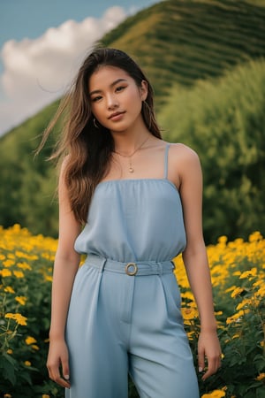 The digital camera used for this photo is a Nikon D850, capturing the girl's face with a mix of surprise and joy. She strikes a confident pose in a stylish outfit, standing under the soft afternoon light. The background showcases a beautiful landscape with blooming flowers and clear blue skies, enhancing the overall mood of the image. The weather is warm and pleasant, adding a touch of serenity to the scene.