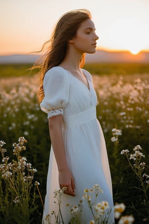 A young girl, dressed in a flowy white dress, stands in a field of wildflowers. Her face is illuminated by the warm, golden light of the setting sun, casting a soft glow on her delicate features. With a peaceful expression, she gazes off into the distance, lost in thought. The digital camera used to capture this moment is a Canon Rebel T7i, positioned at a low angle to capture the beauty of the flowers surrounding her. The gentle breeze rustles her hair as the clear blue sky and distant mountains create a serene backdrop.