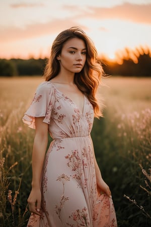 A young woman, dressed in a flowing floral dress, stands in a field at sunset. Her face is illuminated by the warm golden light, highlighting her serene expression. She gazes into the distance with a faint smile, her hair gently blowing in the wind. The digital camera used to capture this moment is a Canon EOS Rebel T7i, angled from a low perspective to capture the full beauty of the sunset behind her. The scene is peaceful, with a few trees in the background and the sky painted in shades of pink and orange.