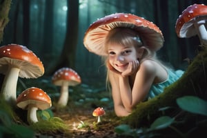 mystical forest at night, a beautiful young fairy peaking out from the canopy, smiles at the camera. small animal scurry around in the forest floor. luminous toadstools carpet the floor. 