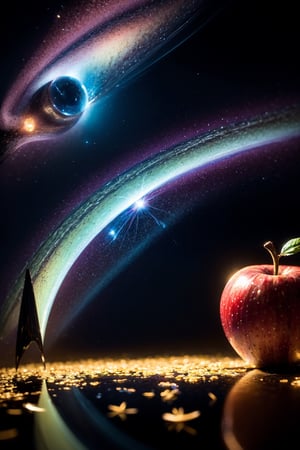 hyper realistic apple locked in another dimension, floating on a pitch black refractive surface petals floating on it, amazing cosmic display in the night sky above, awesome lighting  | #EtherealFinish #MysticalAmbiance #TextureRefinement" highly realistic, realistic portrait, anatomically correct, realistic photograph, real colors, award winning photo, detailed face, realistic eyes, beautiful, sharp focus, high resolution, volumetric lighting, incredibly detailed, masterpiece, breathtaking, exquisite, great attention to skin and eyes, Detailedface,dragonbaby,Nature,Landscape