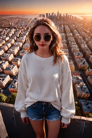 high above the city, masterpiece, golden hour, tilt shift, shot with Leica m12, chromatic abberations, light leaks, HDR, 2.5D, hyper realistic, hard lighting, bloom effect, ray tracing, full body shot of a college girl in an oversized white hoodie and  jean booty shorts with Tortoise with Riesling sunglasses, white converse hightops is ((gracefully floating and incredibly high above the city:1.6)) ((high aerial view of city:1.3)), 32K,ray-tracing, (Realism), (Masterpiece), (Exquisite Detail), Subtle and Beautiful Detail,(Facial Detail), (Highest Quality), (Super-Resolution),(Highly Detailed Illustration),Best Quality,Depth of Field,Natural Shadows photorealistic, Detailedface,madgod,stop motion,Flying,Flight,Floating,dashataran,action shot