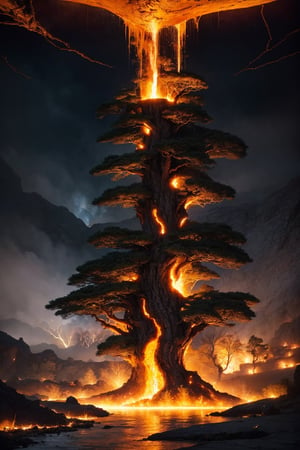 hyper realistic Tree of Doom, Lava spilling through the tree down to the ground in a winding pattern but the tree lives on growing stronger, feeding on the lava, sky lava  || refine textures for realism | #EtherealFinish #MysticalAmbiance #TextureRefinement" highly realistic, realistic portrait, anatomically correct, realistic photograph, real colors, award winning photo, detailed face, realistic eyes, beautiful, sharp focus, high resolution, volumetric lighting, incredibly detailed, masterpiece, breathtaking, exquisite, great attention to skin and eyes, Detailedface