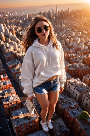 high above the city, masterpiece, golden hour, tilt shift, shot with Leica m12, chromatic abberations, light leaks, HDR, 2.5D, hyper realistic, hard lighting, bloom effect, ray tracing, full body shot of a college girl in an oversized white hoodie and  jean booty shorts with Tortoise with Riesling sunglasses, white converse hightops is ((gracefully floating and incredibly high above the city:1.6)) ((high aerial view of city:1.3)), 32K,ray-tracing, (Realism), (Masterpiece), (Exquisite Detail), Subtle and Beautiful Detail,(Facial Detail), (Highest Quality), (Super-Resolution),(Highly Detailed Illustration),Best Quality,Depth of Field,Natural Shadows photorealistic, Detailedface,madgod,stop motion,Flying,Flight,Floating,dashataran,action shot,Balloons