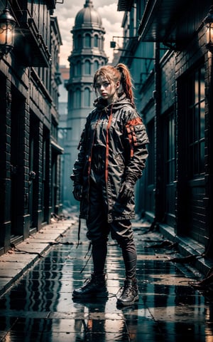 absurdres)), tattoo, many tattoos, 1girl, solo, long hair, black hair, gloves, holding, standing, jacket, full body, ponytail, outdoors, shoes, black gloves, pants, hood, fingerless gloves, fur trim, night, hood down, sheath, sneakers, architecture, hanbok,colorful, (photo-realisitc),exposure blend, bokeh, (hdr:1.4), high contrast, (cinematic, red:1.2), (muted colors, dim colors, soothing tones:1.3), low saturation, GlowingRunes_teal, bioluminescent, green glow, glowing body, glowing suit ,urban techwear,nodf_lora