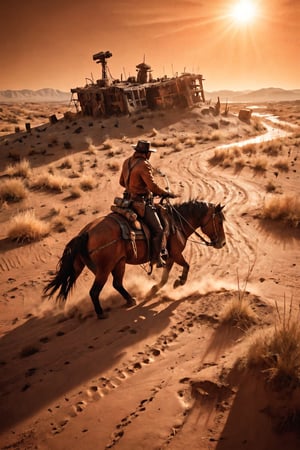 sitting in a cloud, masterpiece, golden hour, tilt shift, shot with Leica m12, chromatic abberations, light leaks, HDR, 2.5D, hyper realistic, hard lighting, bloom effect, ray tracing, A futuristic, post-apocalyptic Western landscape dominated by towering skyscrapers and massive sand dunes. The sky is an eerie shade of orange, casting long shadows across the barren terrain. At the center of the image, a lone ranger, clad in a torn leather jacket and cowboy hat, rides a robotic horse with glowing red eyes. The horse's mechanical hooves churn through the sand, leaving a trail of sparks in its wake. The ranger carries a laser pistol holstered at his side and a holographic map floating above his hand, guiding him towards his destination. The robotic horse has a saddle adorned with various gadgets and tools, including a grappling hook and a solar-powered first aid kit. In the distance, the ruins of an old Western town can be seen, with tumbleweeds rolling past abandoned saloons and collapsed buildings. The image captures the essence of a post-apocalyptic Western, where the survivors must rely on their wits and advanced technology to navigate the harsh new world.32K,ray-tracing, (Realism), (Masterpiece), (Exquisite Detail), Subtle and Beautiful Detail,(Facial Detail), (Highest Quality), (Super-Resolution),(Highly Detailed Illustration),Best Quality,Depth of Field,Natural Shadows photorealistic, Detailedface,madgod,stop motion,Flying,Flight,Floating,dashataran,action shot