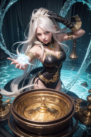 full body shot hyper realistic beautiful white haired girl with flowing hair hair, tight black dress with gold accents, tiny and flowing, epic swirling white hair around her  standing in a giant golden warp portal machine   standing in water, green portal | #EtherealFinish #MysticalAmbiance #TextureRefinement" highly realistic, realistic portrait, anatomically correct, realistic photograph, real colors, award winning photo, detailed face, realistic eyes, beautiful, sharp focus, high resolution, volumetric lighting, incredibly detailed, masterpiece, breathtaking, exquisite, great attention to skin and eyes, Detailedface,dragonbaby,Nature,Landscape,PhotoReal,Photography,Raw photo