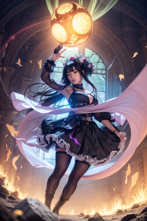 hyper realistic beautiful black haired girl with purple flower in hair, black dress with white accents, large and flowing but high, black stockings, epic swirling energy beams around her with a giant flourescent orb above her, plasmatic in origin  | #EtherealFinish #MysticalAmbiance #TextureRefinement" highly realistic, realistic portrait, anatomically correct, realistic photograph, real colors, award winning photo, detailed face, realistic eyes, beautiful, sharp focus, high resolution, volumetric lighting, incredibly detailed, masterpiece, breathtaking, exquisite, great attention to skin and eyes, Detailedface,dragonbaby,Nature,Landscape,PhotoReal,Photography,Raw photo