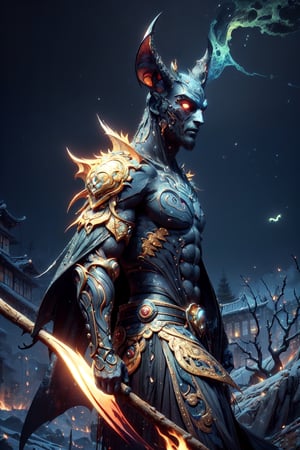 (8k, RAW photo, highest quality, Masterpiece: 1), (Photorealistic stick: 1.5), sharp focus, a Demon Sage, standing with his intricately muscular and gold filigree arms crossed, in a burning village with a shot so high it incudes the mountaintop far in the distance, gold filigree appears naturally, deadly, acidic and fire laden, woefully dressed, ((VANTA black)), (countless shadow bats: 1.1), terrifying and jagged asian art, ( Front illumination), (Face illumination: 1.3 ), Fantasy