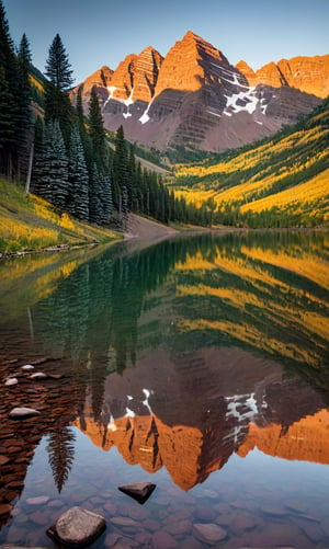 Serene Fall Morning at Maroon Bells, Colorado: A tranquil scene unfolds as the golden aspens stand tall against a backdrop of emerald pine trees, their needles rustling gently in the crisp autumn air. The still lake's glassy surface reflects the low-angle sunlight, casting a warm glow on the majestic Maroon Bells, which seem to bleed into a deep maroon hue. The morning's cool mist dances across the water, creating an ethereal veil that shrouds the landscape in mystery.