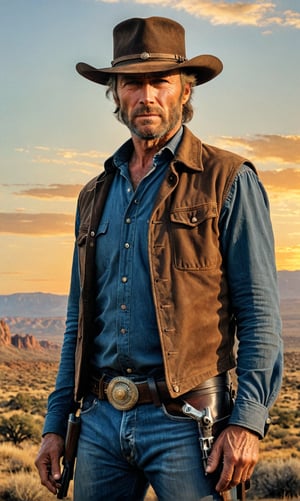 Here is a high-resolution prompt for an ultra-realistic image of Clint Eastwood as Outlaw Josie Wales:

Clint Eastwood as Outlaw Josie Wales stands tall in the foreground, against a warm golden-hued sunset backdrop. The open range landscape stretches out behind him, with dusty scrublands and distant hills fading into the horizon. Josie's rugged features are captured in exquisite detail: piercing blue eyes, weathered complexion, sharp jawline, and chiseled facial structure. He wears worn cowboy attire, three guns holstered at his side and across his chest. His scuffed boots show signs of wear around the heels from countless miles of travel.

The lighting is soft and warm, with the setting sun casting a golden glow across Josie's face and clothes. The composition showcases Josie's imposing figure, set against the vast expanse of the open range, with subtle focus on his hands, framing each finger in perfect detail. The image is rendered at 32k resolution, with HDR capabilities to showcase every detail.

Keywords: Clint Eastwood, Outlaw Josie Wales, ultra-realistic, high-resolution, hyper-realistic, full-body image.,perfect finger,more detail XL