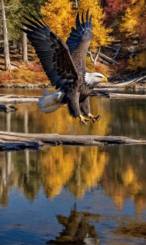 A bald eagle, full body image, High Detailed RAW color Photo, a masterpiece, perfect proportion, perfect claws, perfect talons, detailed, flying above a mountain lake, autumn day, sun shining through the trees, photography, photorealism, medium shot, warm, natural lighting to highlight the subject’s features, Ultra HD, hdr, 16k, DSLR,y0sem1te