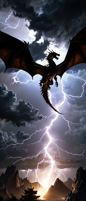 Generate a high resolution, hyper realistic, hdr, 16k, 35mm, image of a silhouette of a flying dragon at night with lightning flashing through the sky behind it in the background. 