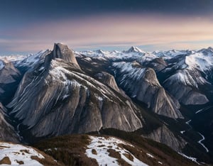 Detailed hyperrealistic photoshoot of a panoramic view of mountains in the winter.  Dark blue sky.  Dusk.  Stars appearing in the sky.  Cinematic and intricately detailed snow covered mountain range from a high vantage point, intricate, highly detailed, long distance view, sharp focus, 16k, canon eos 450D, ,score_9,y0sem1te