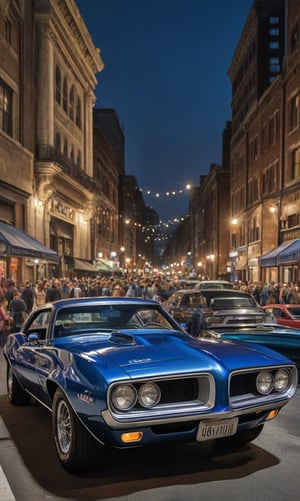 photorealistic, 32k, hdr, realistic, raw photo, dark blue 1969 Pontiac firebird, muscle car, night, car meet, crowded, detailed background, masterpiece, best quality, ultra-detailed, very aesthetic, illustration, perfect composition, intricate details, absurdres,