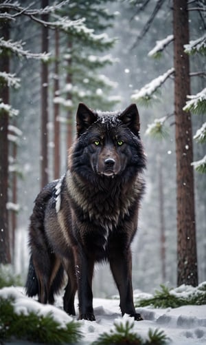 A stunning black wolf, full body image, fit body, ((black fur:1.8)), green eyes, serious expression, High Detailed RAW color Photo, a masterpiece, walking through a forest of pine trees, winter day, heavy snow on the ground, snow falling through the trees, photography, photorealism, medium shot, gray and overcast lighting to highlight the subject’s features, Ultra HD, hdr, 16k, DSLR,y0sem1te,WINTER