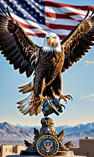 Masterpiece, best quality, high resolution full body image, ultra detailed, intricate details, flying bald eagle, united States army logo in the background, 