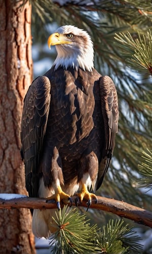 A bald eagle, full body image, serious expression, High Detailed RAW color Photo, a masterpiece, sitting on a pine tree, winter day, snow, sun shining through the trees, photography, photorealism, medium shot, warm, natural lighting to highlight the subject’s features, Ultra HD, hdr, 16k, DSLR,y0sem1te