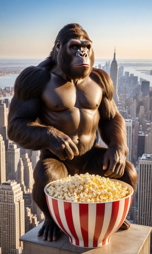 A majestic shot of King Kong atop the iconic Empire State Building, with the vibrant New York City skyline gleaming beneath a brilliant, cloudless summer sky. The giant ape sits regally as if on a throne, cradling a gigantic bowl of fluffy popcorn on his lap and a colossal beer bottle beside him. His massive hands grasp the building's edge, steadying himself against the gentle breeze. In the distance, a formation of vintage World War I biplanes soars towards him, their fabric-covered wings glistening in the warm sunlight that casts long shadows across the rooftops.