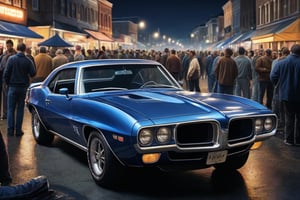 realistic, raw photo, dark blue 1969 Pontiac firebird, muscle car, night, car meet, crowded, detailed background, masterpiece, best quality, ultra-detailed, very aesthetic, illustration, perfect composition, intricate details, absurdres,