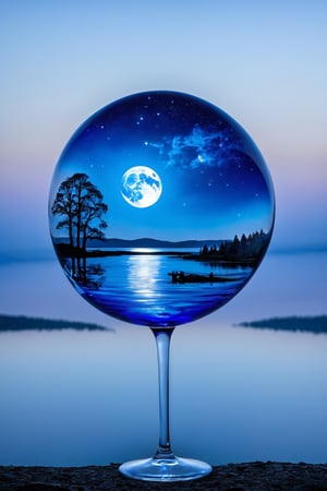 An extremely beautiful blown glass creation with an image insie of a blue moon over a beautiful lake