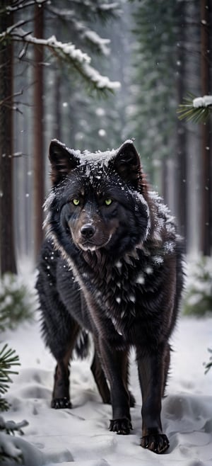 A stunning black wolf, full body image, fit body, ((black fur:1.8)), green eyes, serious expression, High Detailed RAW color Photo, a masterpiece, ((walking:1.8)) through a forest of pine trees, winter day, heavy snow on the ground, snow falling through the trees, photography, photorealism, medium shot, gray and overcast lighting to highlight the subject’s features, Ultra HD, hdr, 16k, DSLR,y0sem1te,WINTER