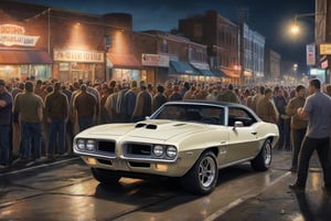 realistic, raw photo, 1969 Pontiac firebird, muscle car, night, car meet, crowded, detailed background, masterpiece, best quality, ultra-detailed, very aesthetic, illustration, perfect composition, intricate details, absurdres,