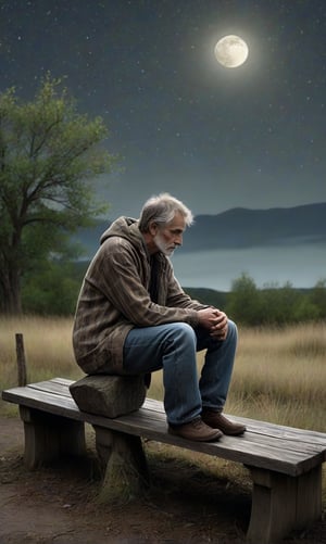 A solitary figure sits alone on a weathered wooden bench under a starry sky. The man's face is downturned, his eyes cast downward as if weighted by the heaviness of his thoughts. His shoulders slump, and his hands hang limp between his knees. A faint moon casts an eerie glow on his worn denim jeans and faded plaid shirt. The surrounding landscape is dark and quiet, punctuated only by the occasional distant howl of a wolf or hoot of an owl. The man's isolation is palpable in the stillness of the cloudy and overcast night, the only sound being the soft rustling of leaves in the gentle breeze.